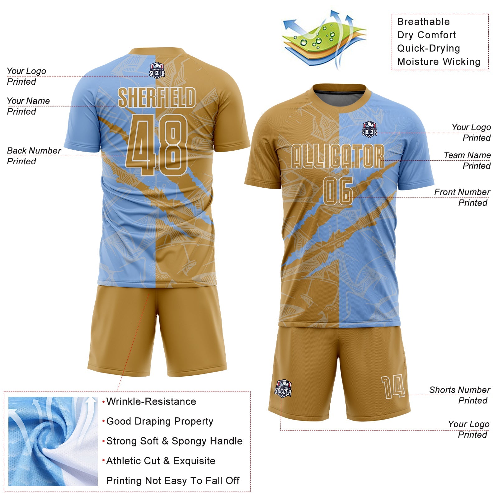 Custom Graffiti Pattern Old Gold-Light Blue Scratch Sublimation Soccer Uniform Jersey - Sky-Custom