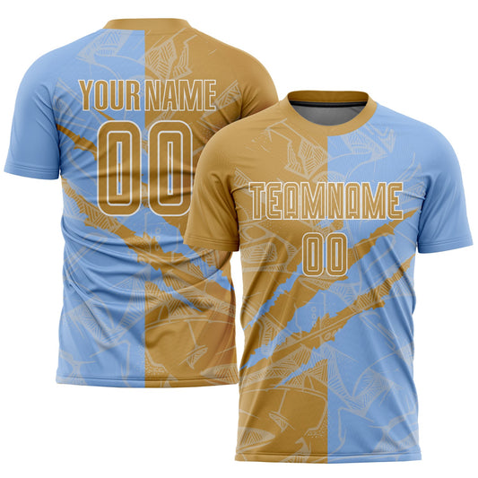 Custom Graffiti Pattern Old Gold-Light Blue Scratch Sublimation Soccer Uniform Jersey - Sky-Custom