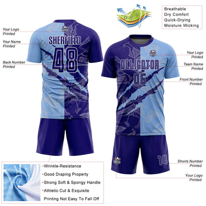 Custom Graffiti Pattern Dark Purple-Light Blue Scratch Sublimation Soccer Uniform Jersey - Sky-Custom