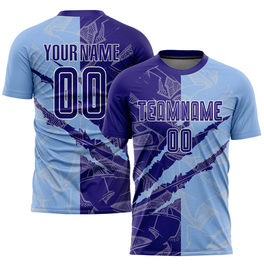 Custom Graffiti Pattern Dark Purple-Light Blue Scratch Sublimation Soccer Uniform Jersey - Sky-Custom