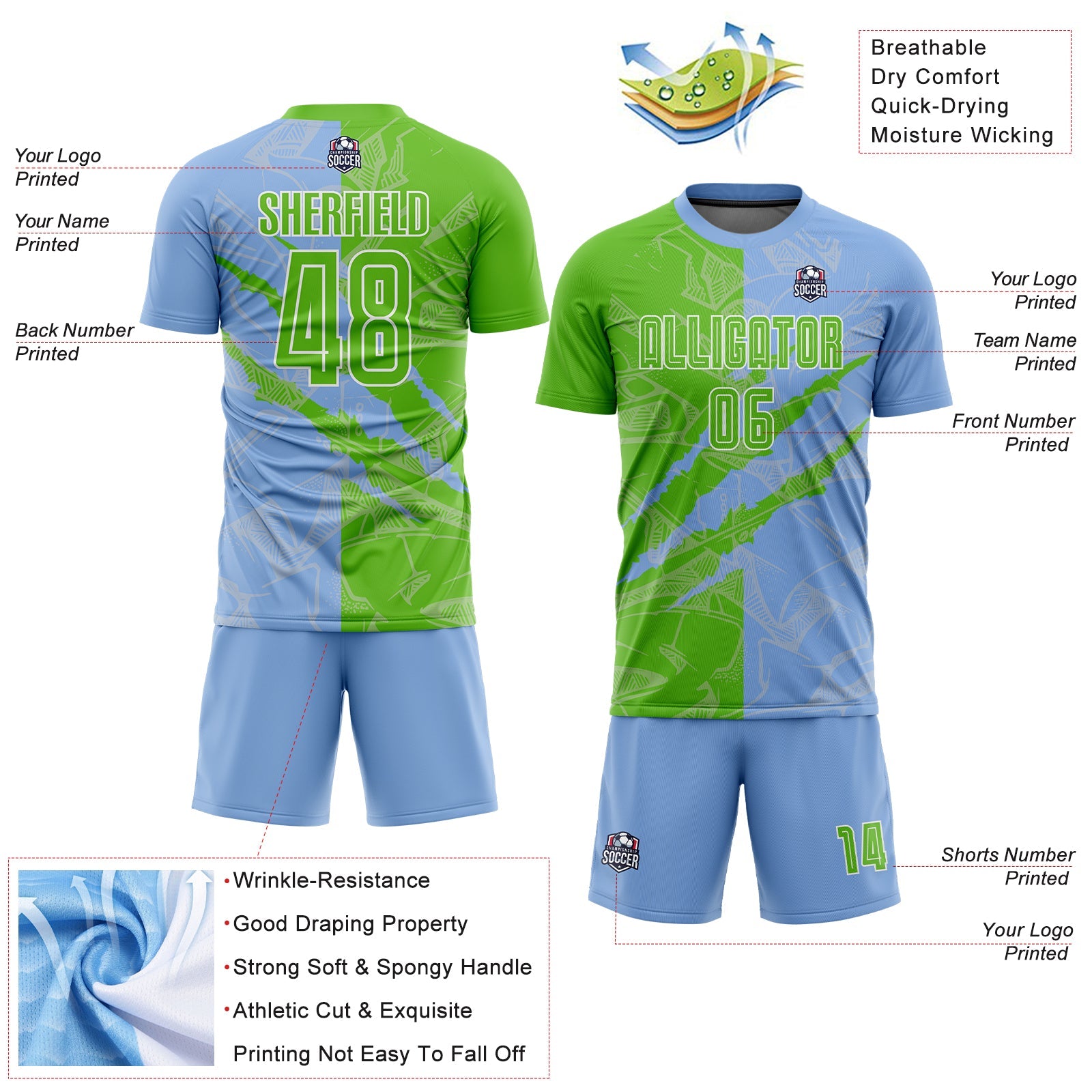Custom Graffiti Pattern Aurora Green-Light Blue Scratch Sublimation Soccer Uniform Jersey - Sky-Custom