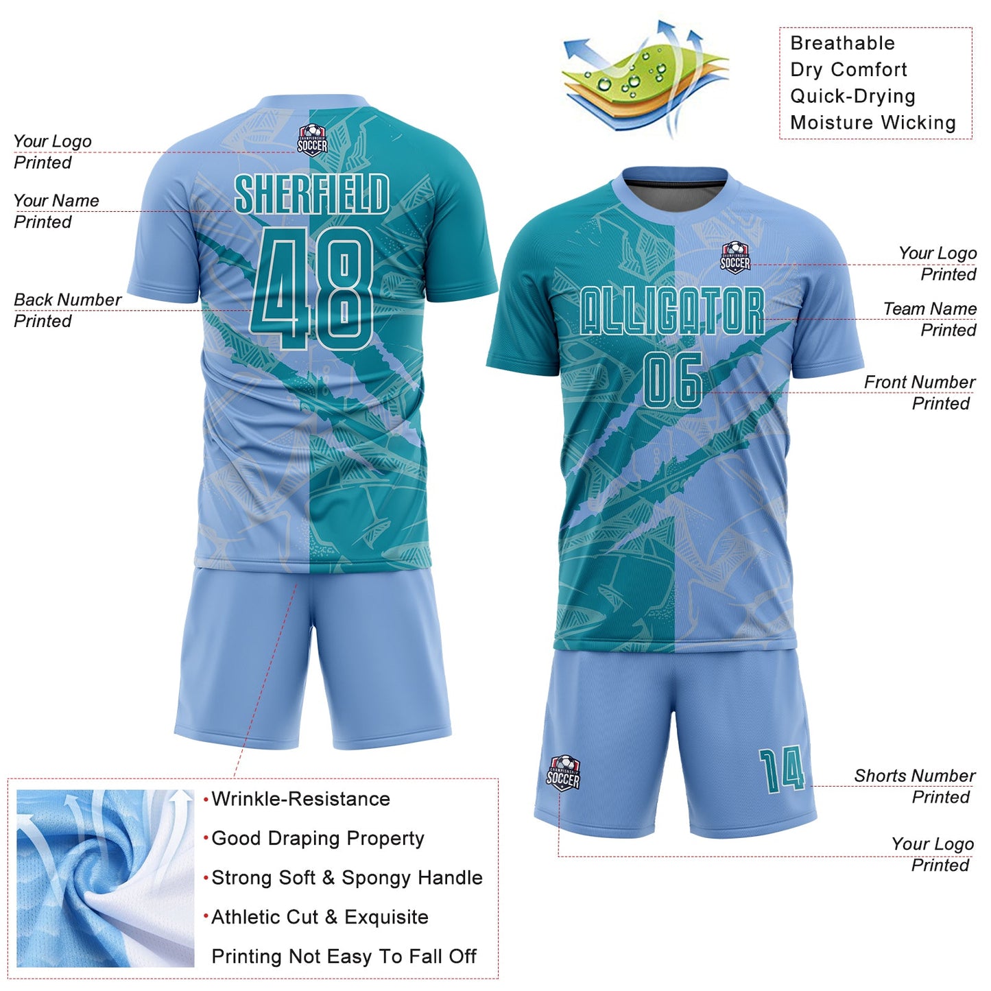 Custom Graffiti Pattern Teal-Light Blue Scratch Sublimation Soccer Uniform Jersey - Sky-Custom