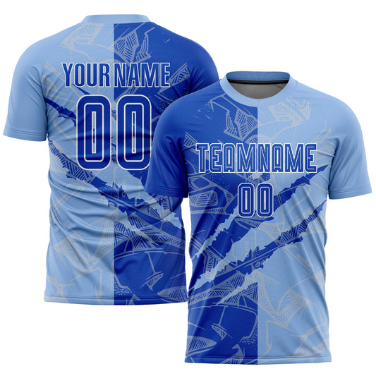Custom Graffiti Pattern Thunder Blue-Light Blue Scratch Sublimation Soccer Uniform Jersey - Sky-Custom