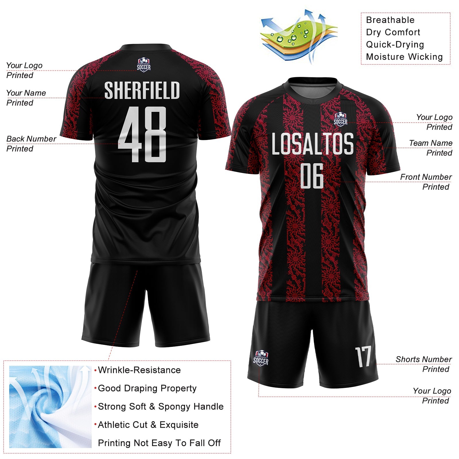Custom Black White-Red Abstract Shape Sublimation Soccer Uniform Jersey - Sky-Custom