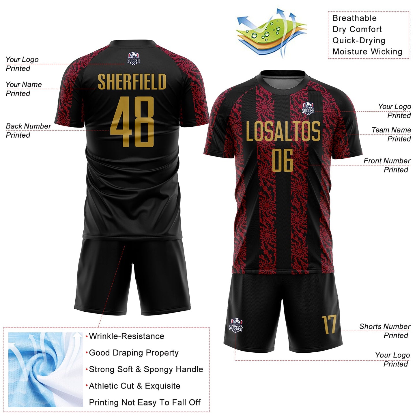 Custom Black Old Gold-Red Abstract Shape Sublimation Soccer Uniform Jersey - Sky-Custom