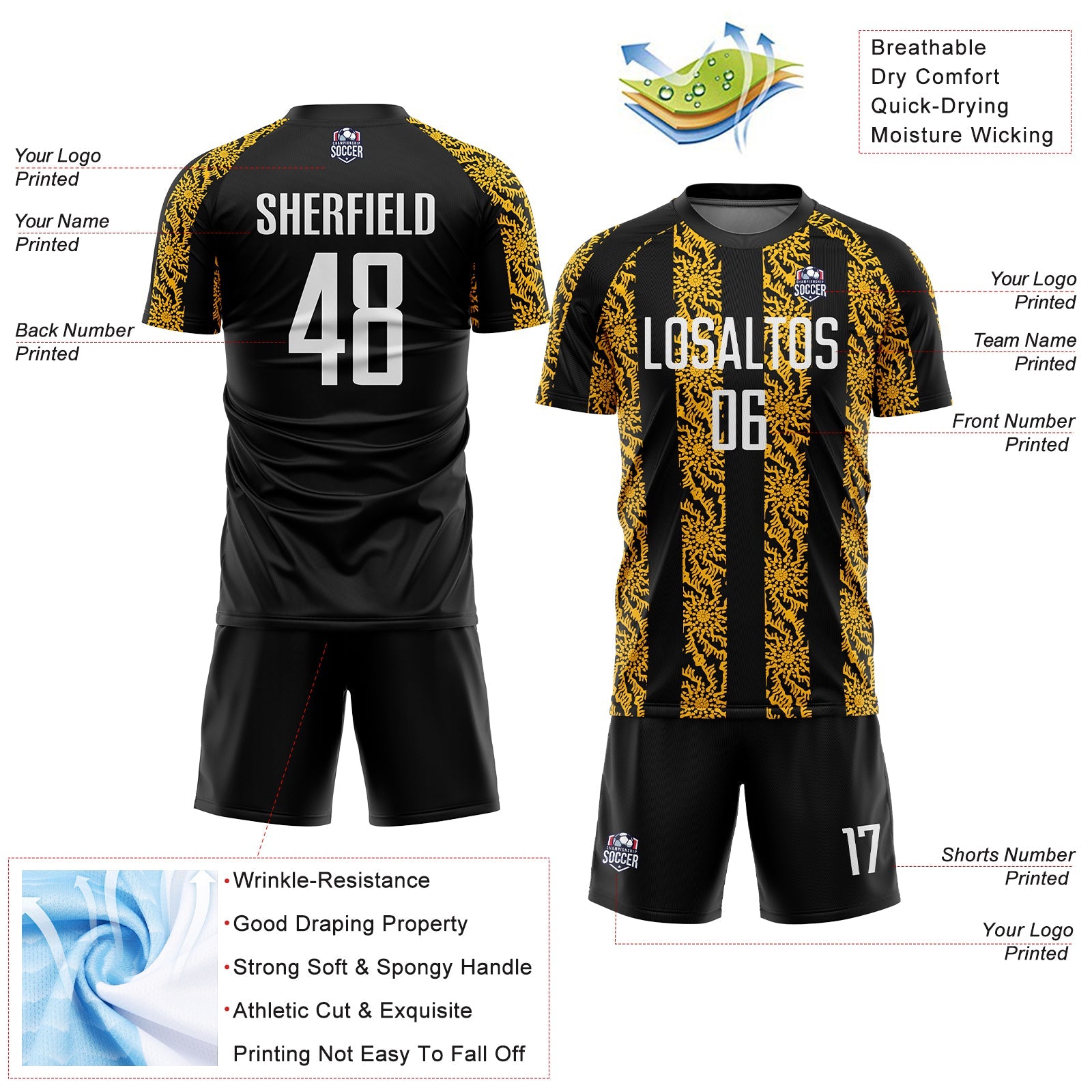 Custom Black White-Gold Abstract Shape Sublimation Soccer Uniform Jersey - Sky-Custom