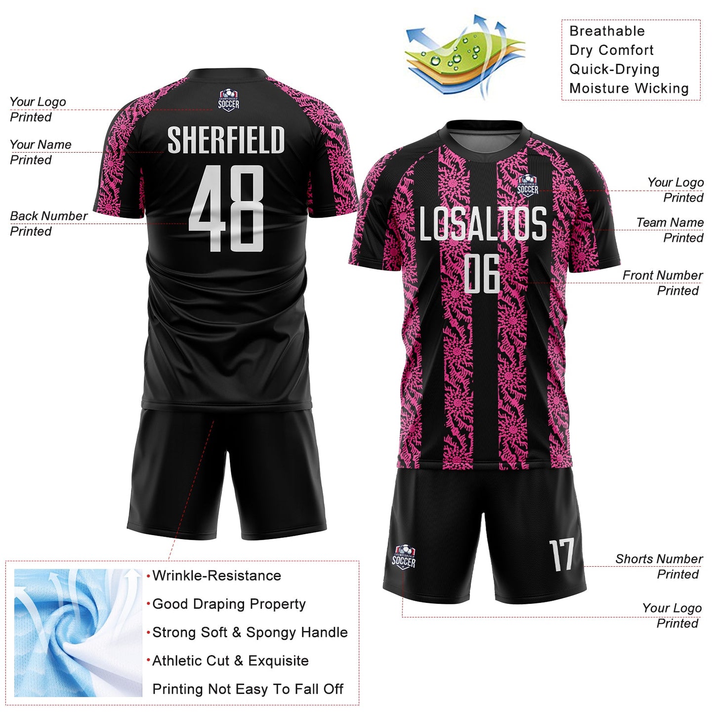 Custom Black White-Pink Abstract Shape Sublimation Soccer Uniform Jersey - Sky-Custom