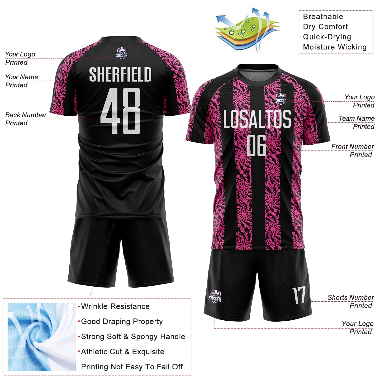 Custom Black White-Pink Abstract Shape Sublimation Soccer Uniform Jersey - Sky-Custom