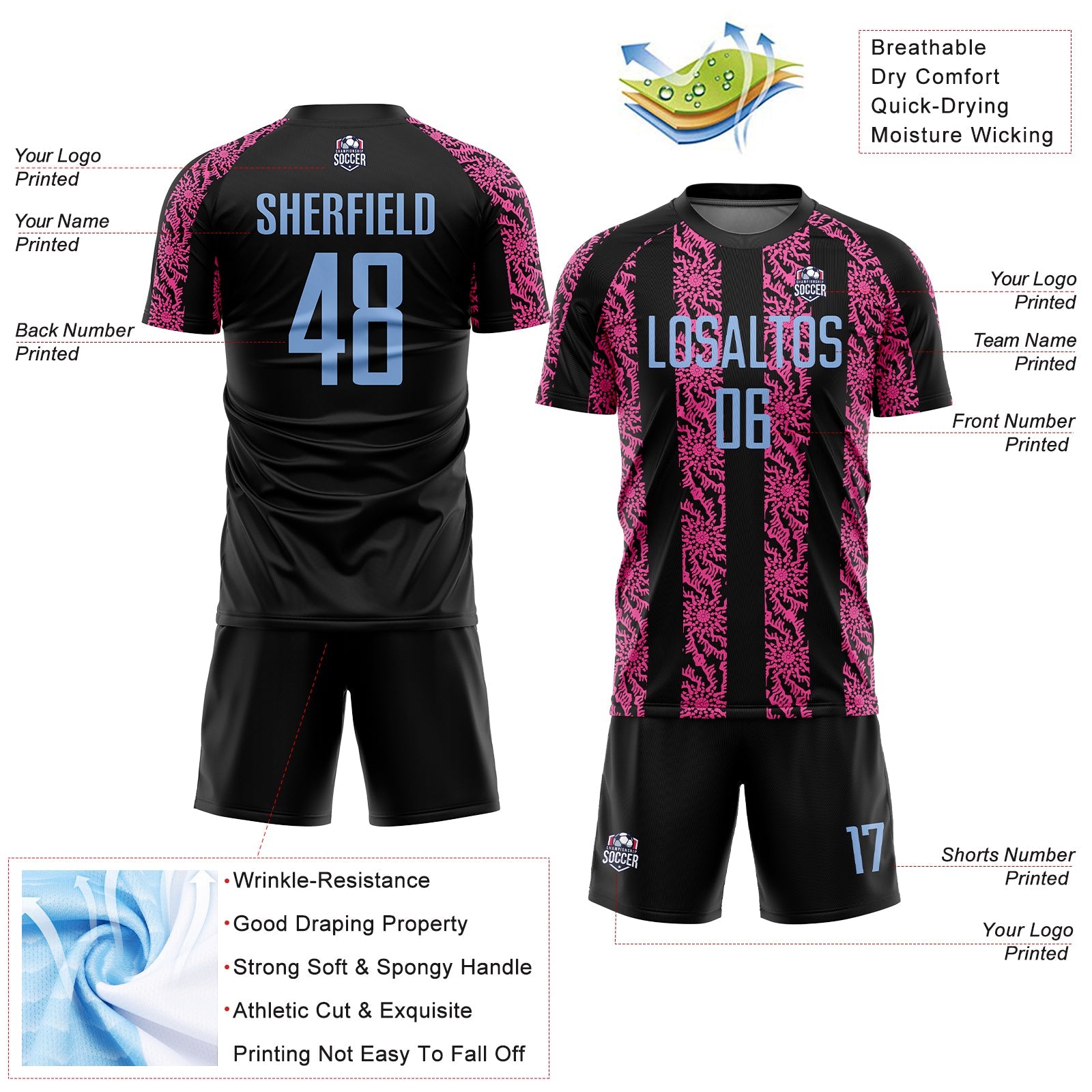 Custom Black Light Blue-Pink Abstract Shape Sublimation Soccer Uniform Jersey - Sky-Custom