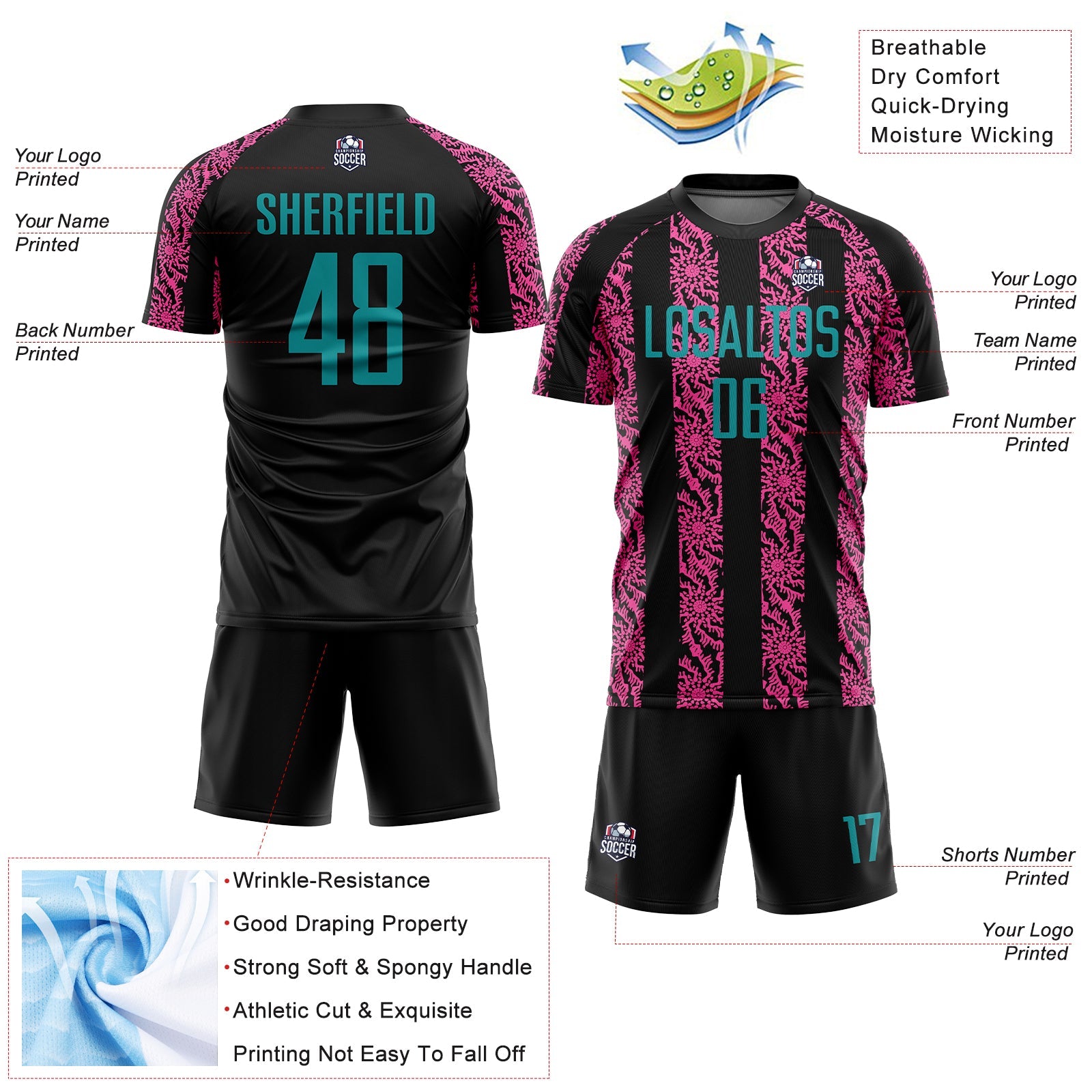 Custom Black Teal-Pink Abstract Shape Sublimation Soccer Uniform Jersey - Sky-Custom