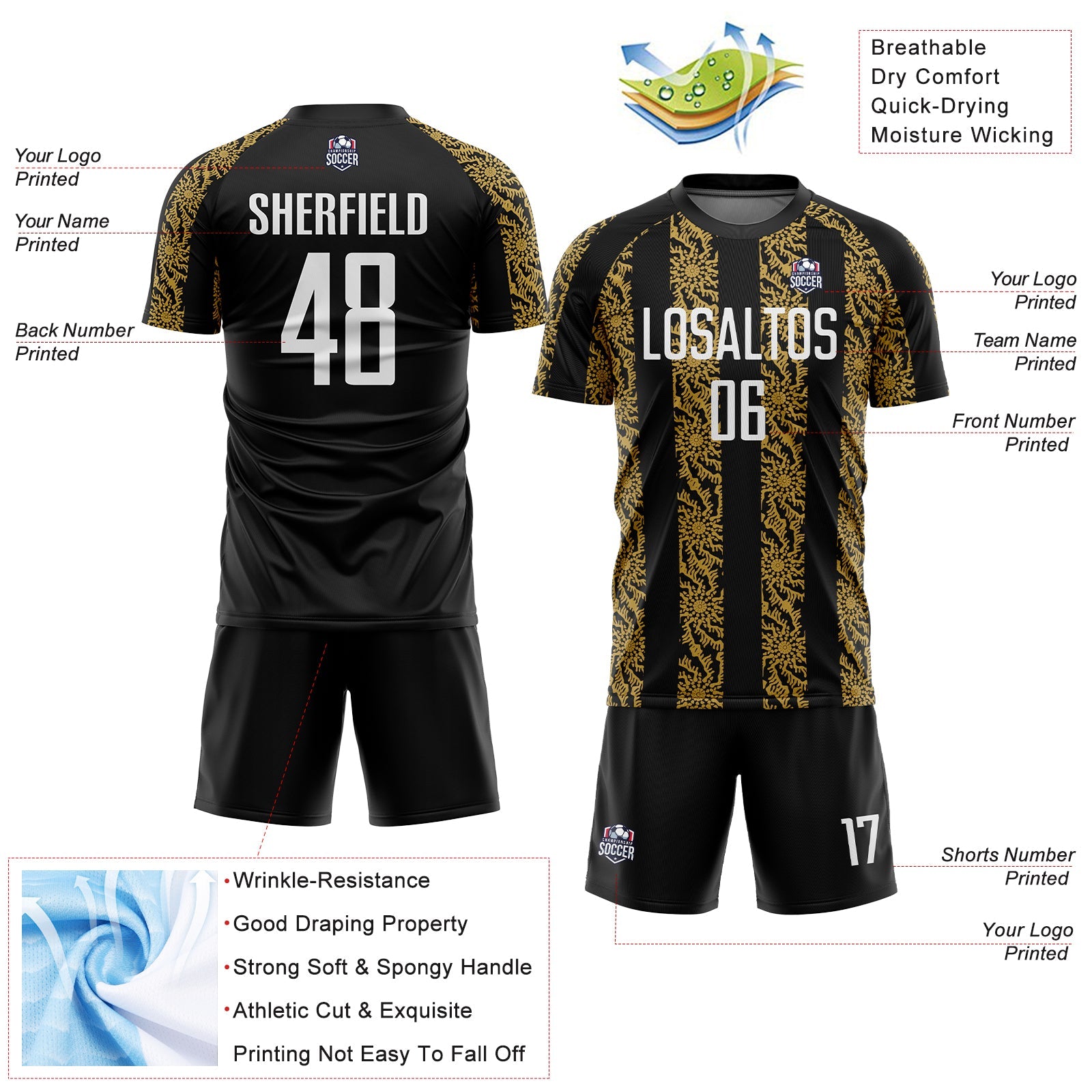 Custom Black White-Old Gold Abstract Shape Sublimation Soccer Uniform Jersey - Sky-Custom