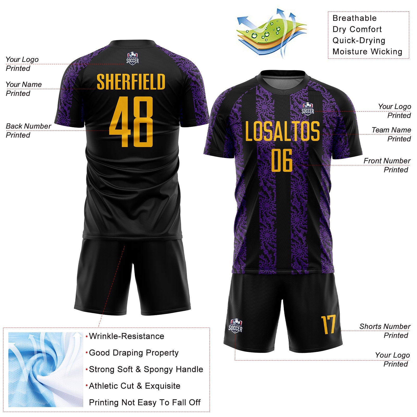 Custom Black Gold-Purple Abstract Shape Sublimation Soccer Uniform Jersey - Sky-Custom