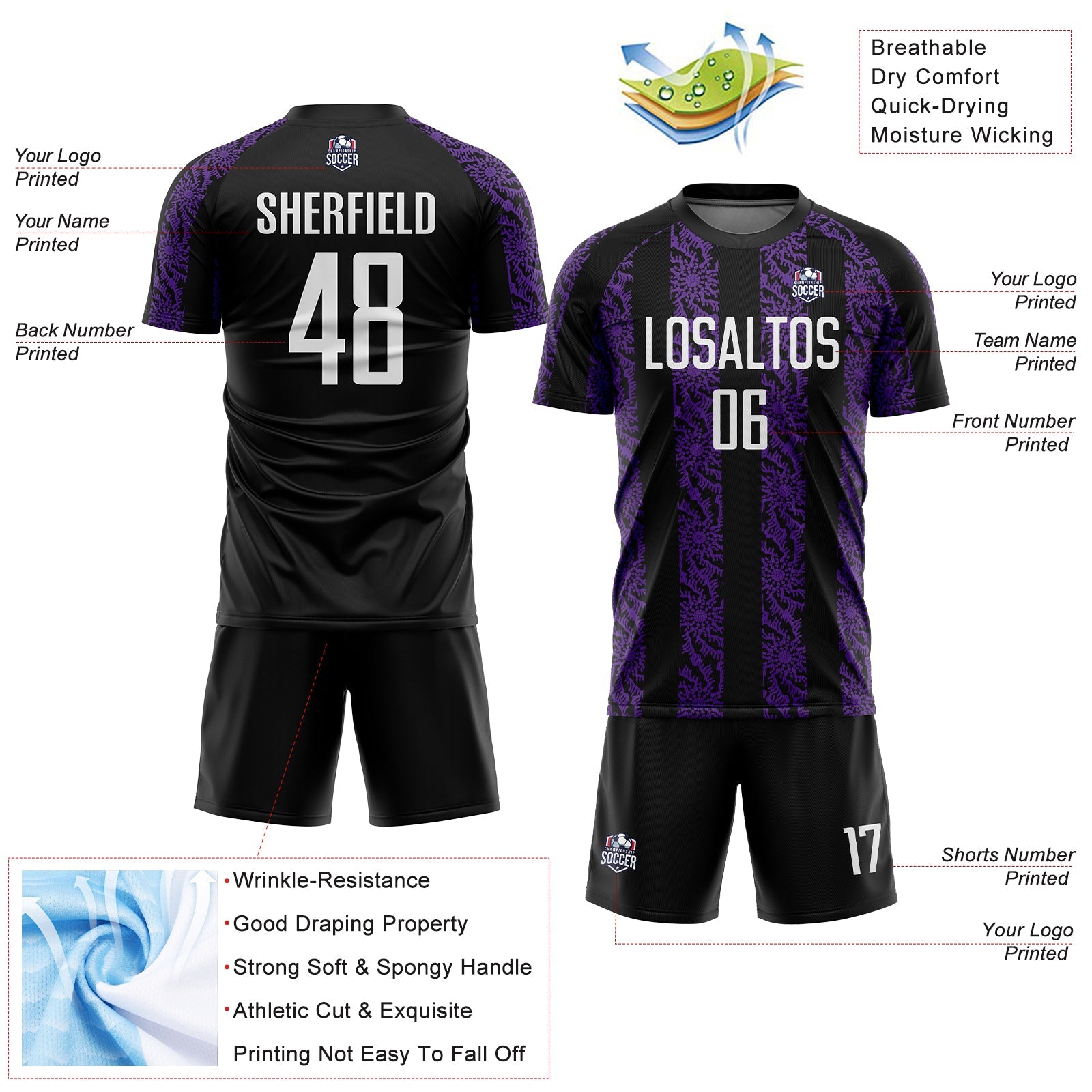 Custom Black White-Purple Abstract Shape Sublimation Soccer Uniform Jersey - Sky-Custom