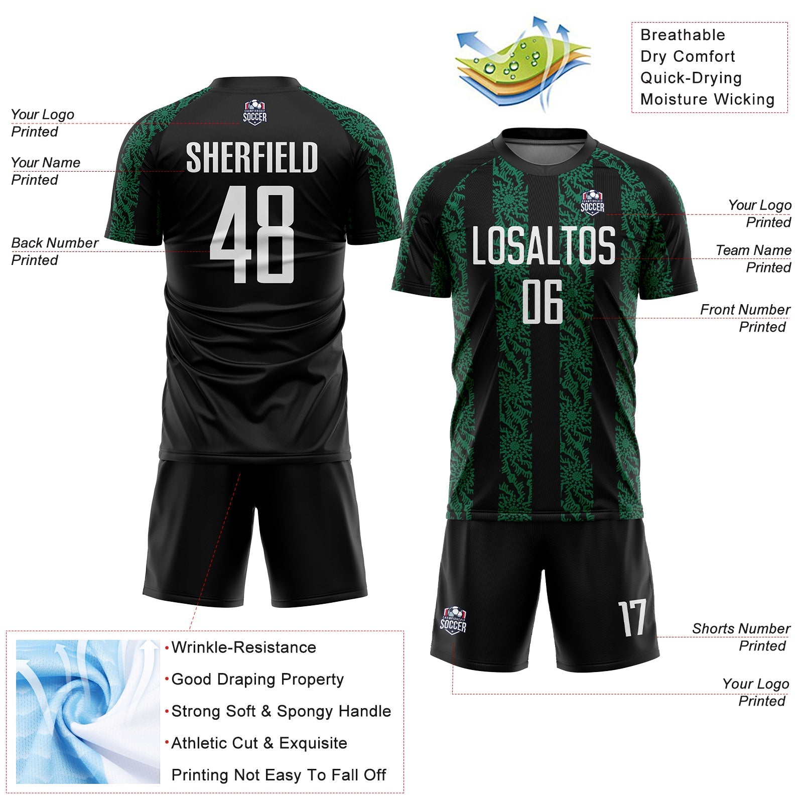 Custom Black White-Kelly Green Abstract Shape Sublimation Soccer Uniform Jersey - Sky-Custom