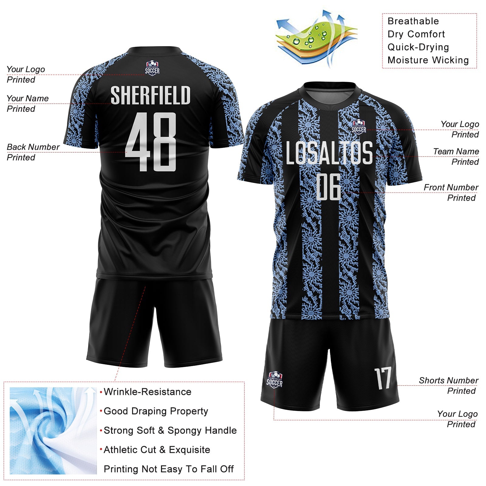 Custom Black White-Light Blue Abstract Shape Sublimation Soccer Uniform Jersey - Sky-Custom