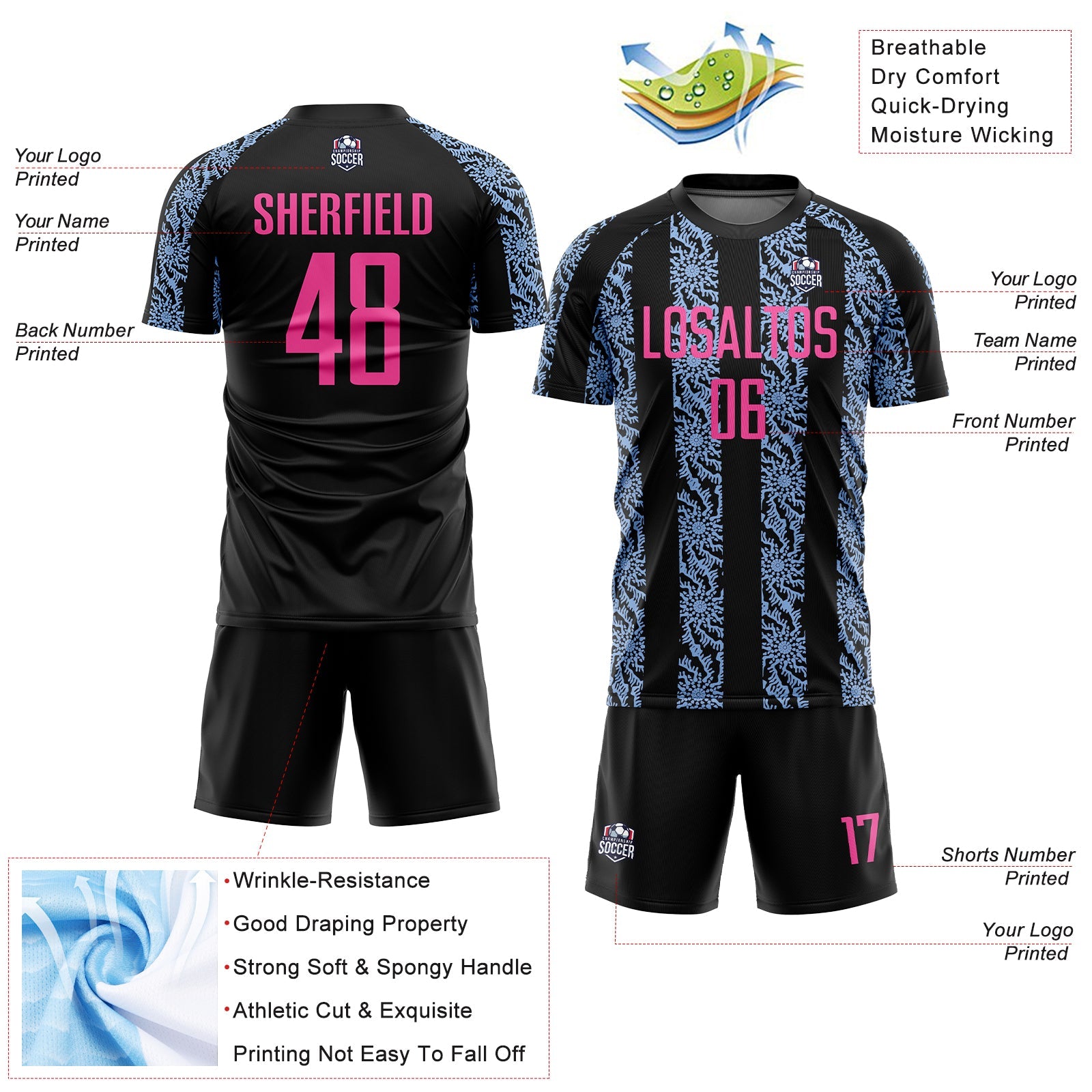 Custom Black Pink-Light Blue Abstract Shape Sublimation Soccer Uniform Jersey - Sky-Custom