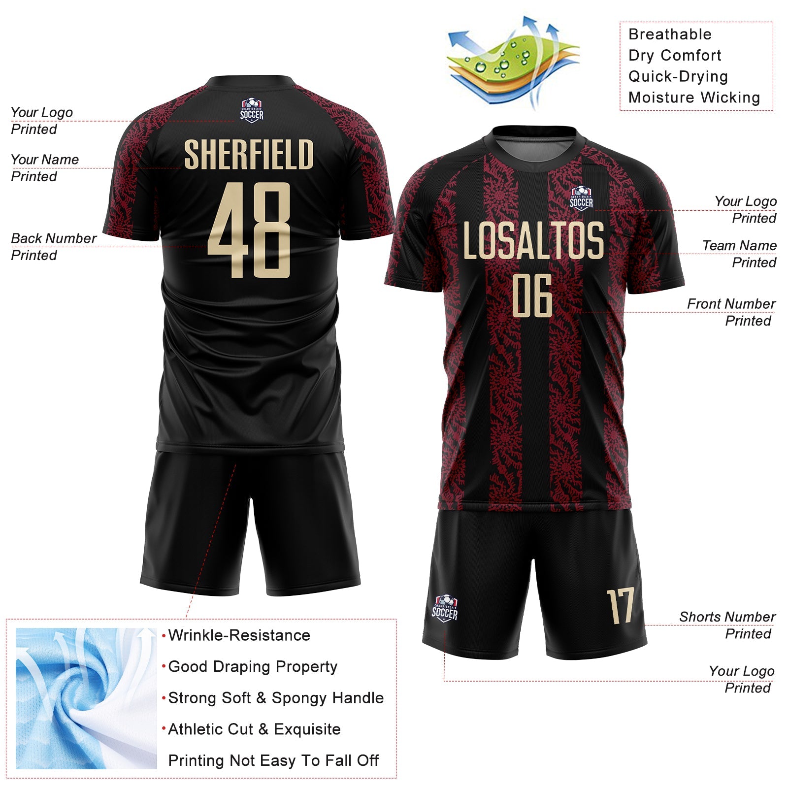 Custom Black Cream-Crimson Abstract Shape Sublimation Soccer Uniform Jersey - Sky-Custom