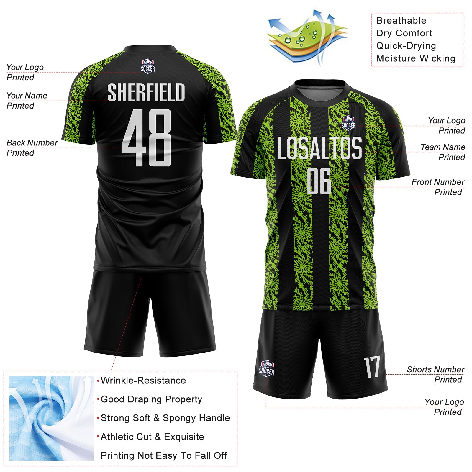 Custom Black White-Neon Green Abstract Shape Sublimation Soccer Uniform Jersey - Sky-Custom