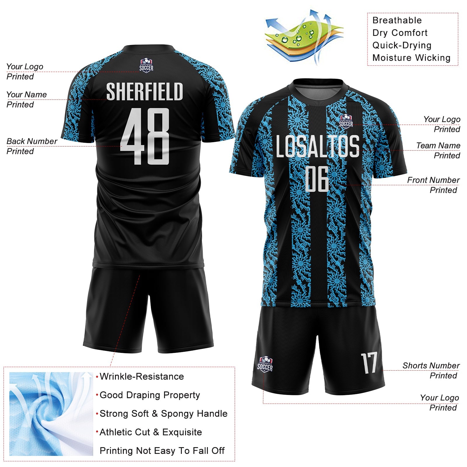 Custom Black White-Sky Blue Abstract Shape Sublimation Soccer Uniform Jersey - Sky-Custom