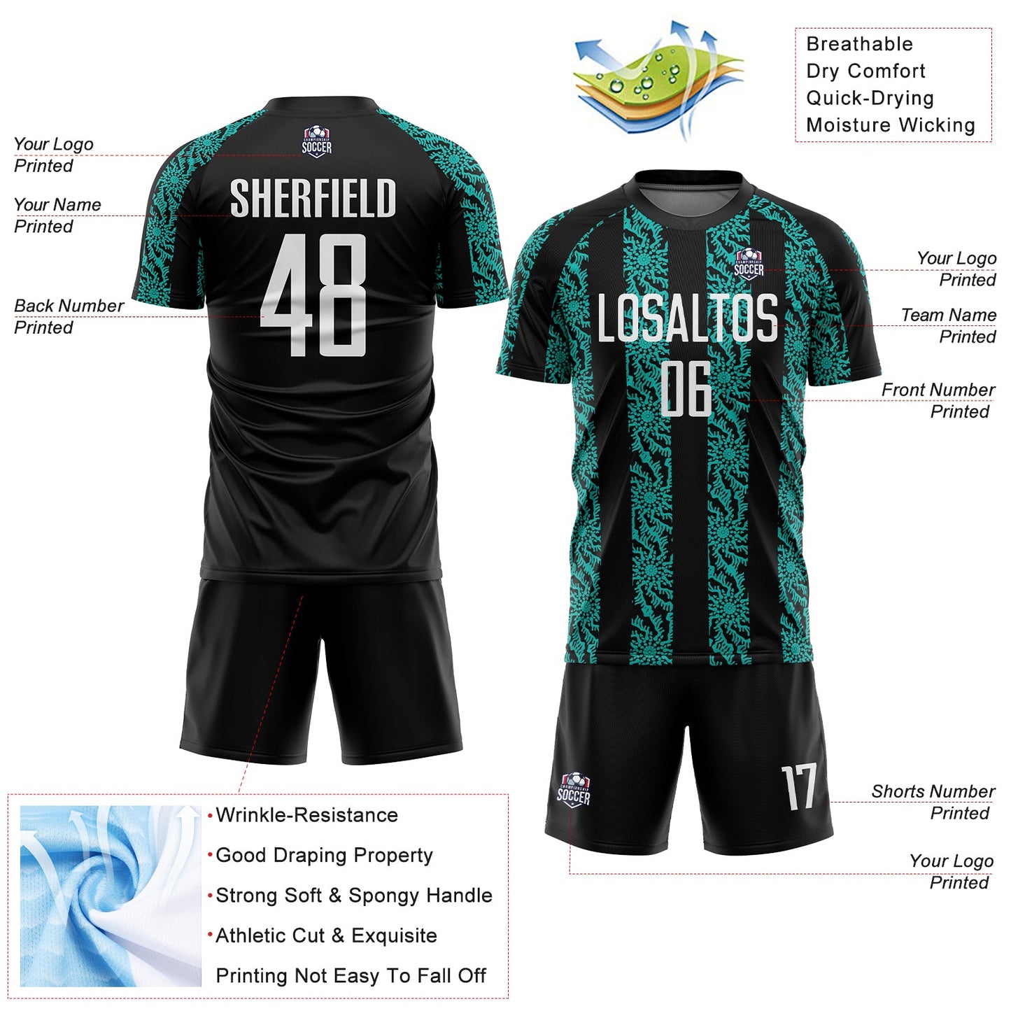 Custom Black White-Aqua Abstract Shape Sublimation Soccer Uniform Jersey - Sky-Custom