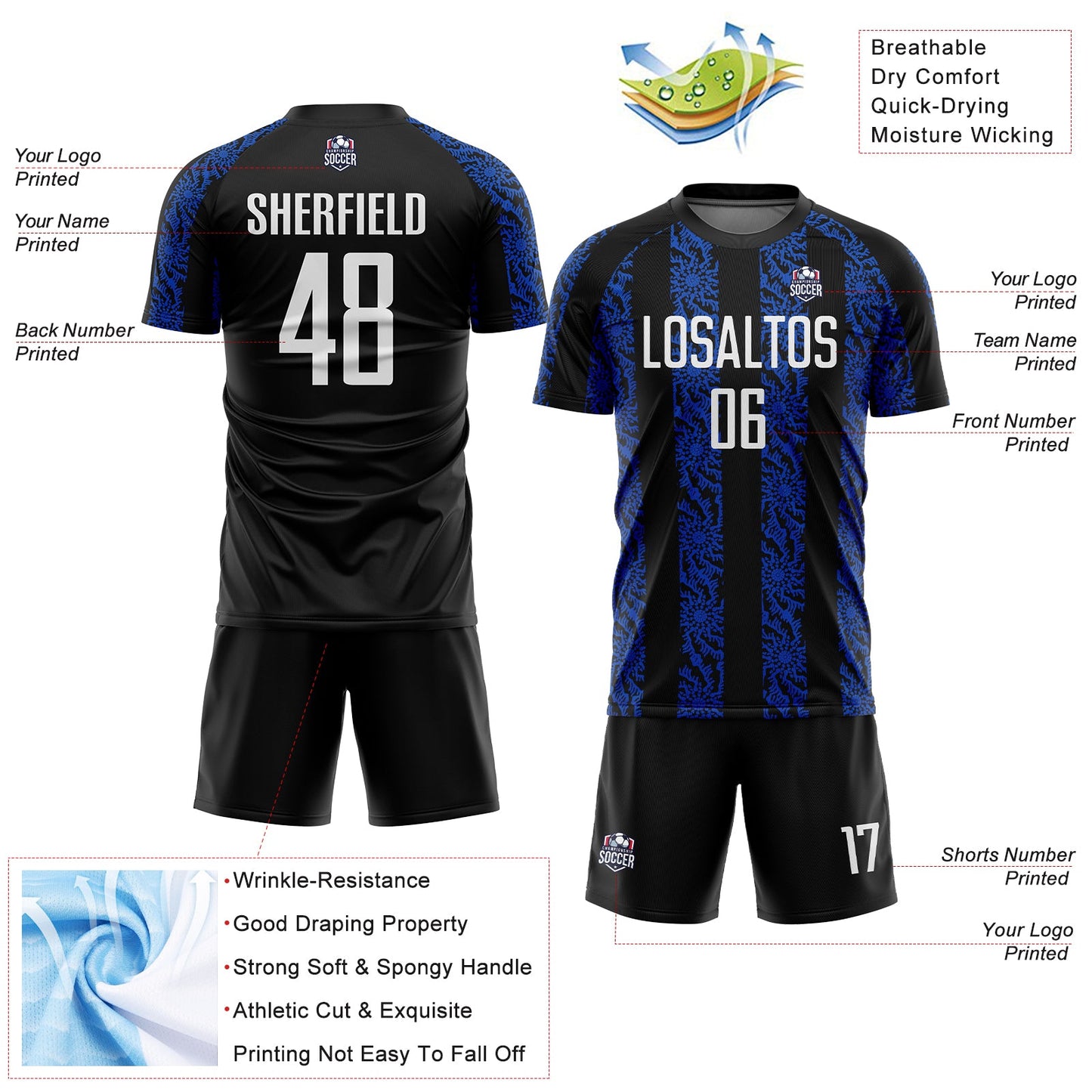 Custom Black White-Thunder Blue Abstract Shape Sublimation Soccer Uniform Jersey - Sky-Custom