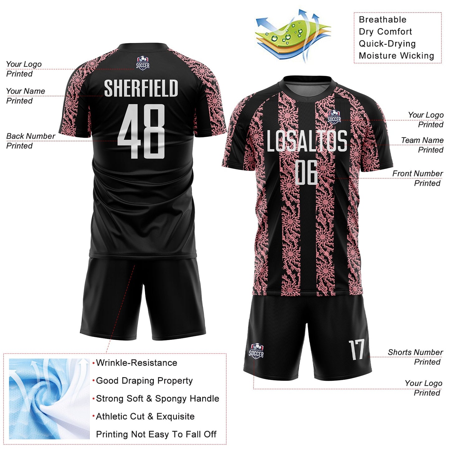 Custom Black White-Medium Pink Abstract Shape Sublimation Soccer Uniform Jersey - Sky-Custom