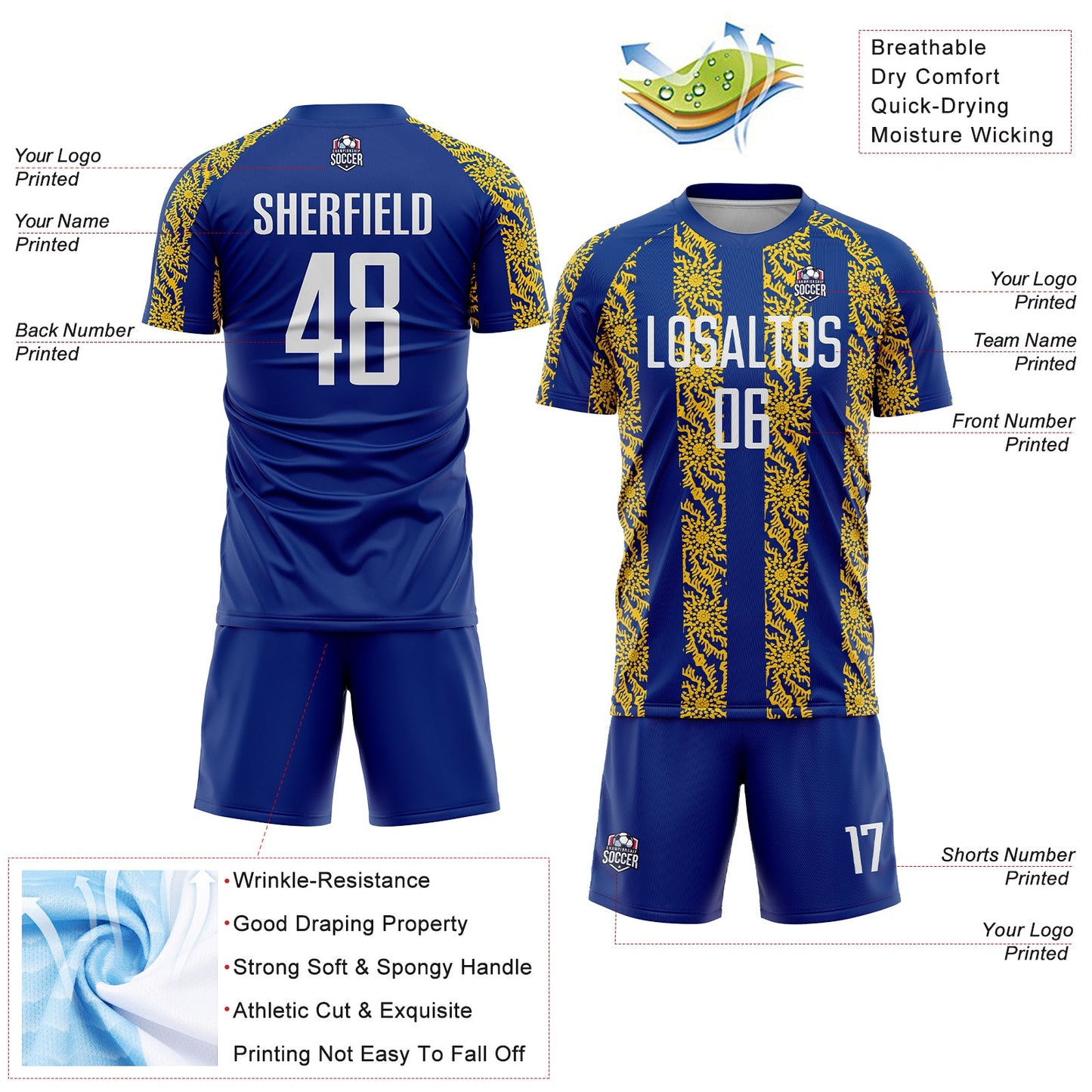 Custom Royal White-Yellow Abstract Shape Sublimation Soccer Uniform Jersey - Sky-Custom