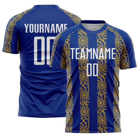 Custom Royal White-Old Gold Abstract Shape Sublimation Soccer Uniform Jersey - Sky-Custom