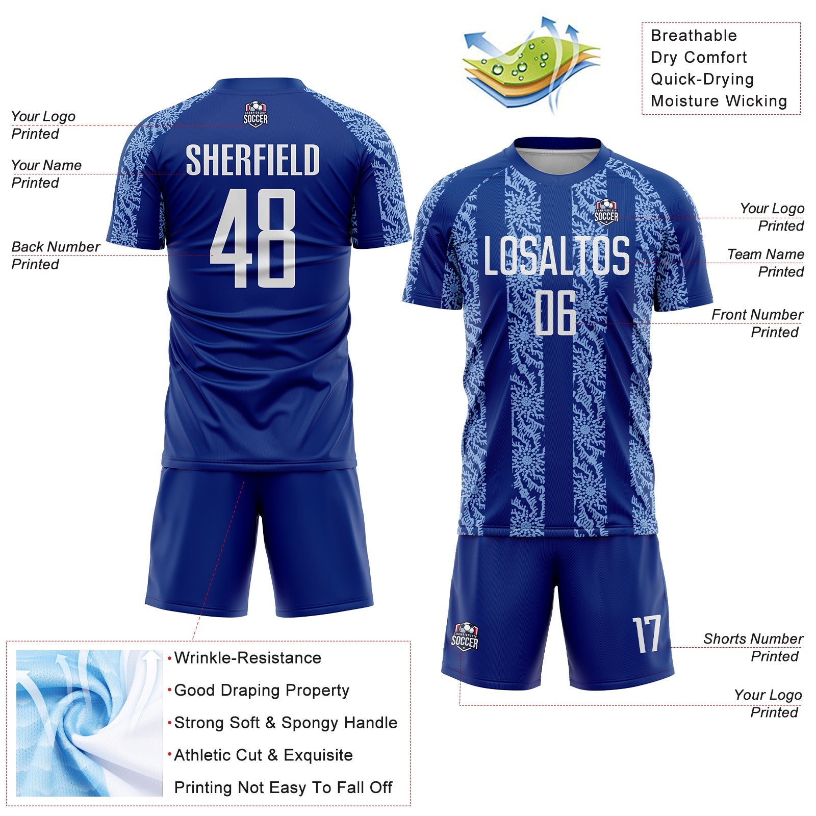 Custom Royal White-Light Blue Abstract Shape Sublimation Soccer Uniform Jersey - Sky-Custom