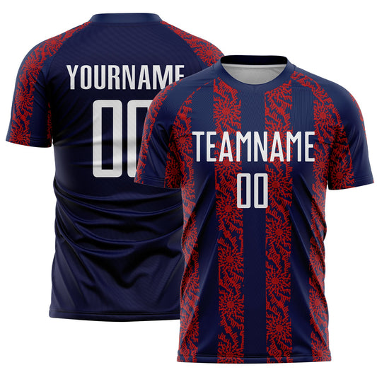 Custom Navy White-Red Abstract Shape Sublimation Soccer Uniform Jersey - Sky-Custom