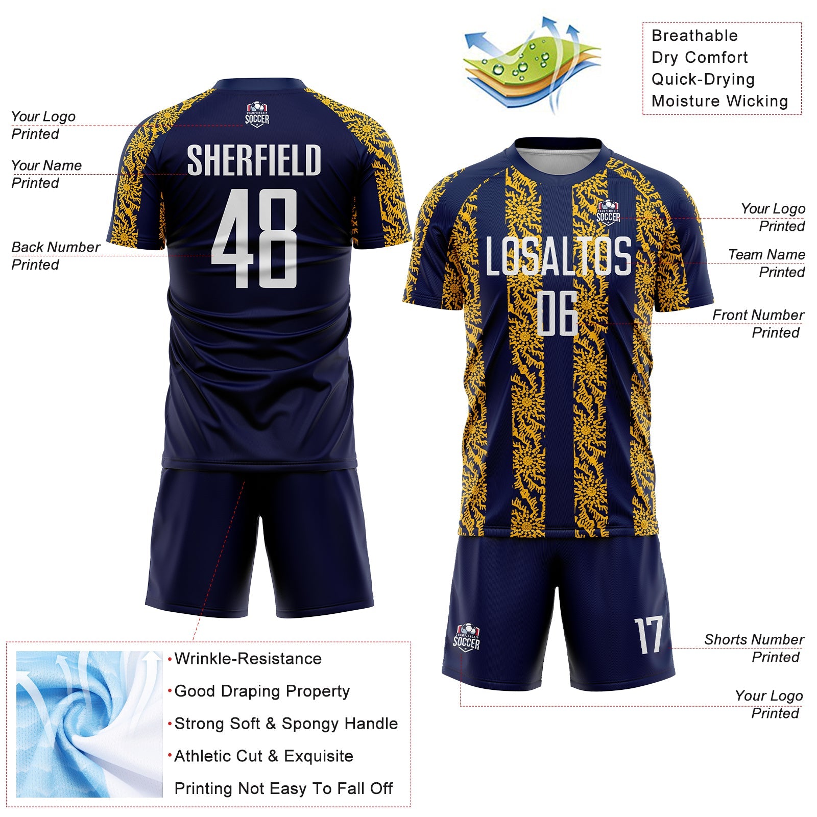 Custom Navy White-Gold Abstract Shape Sublimation Soccer Uniform Jersey - Sky-Custom