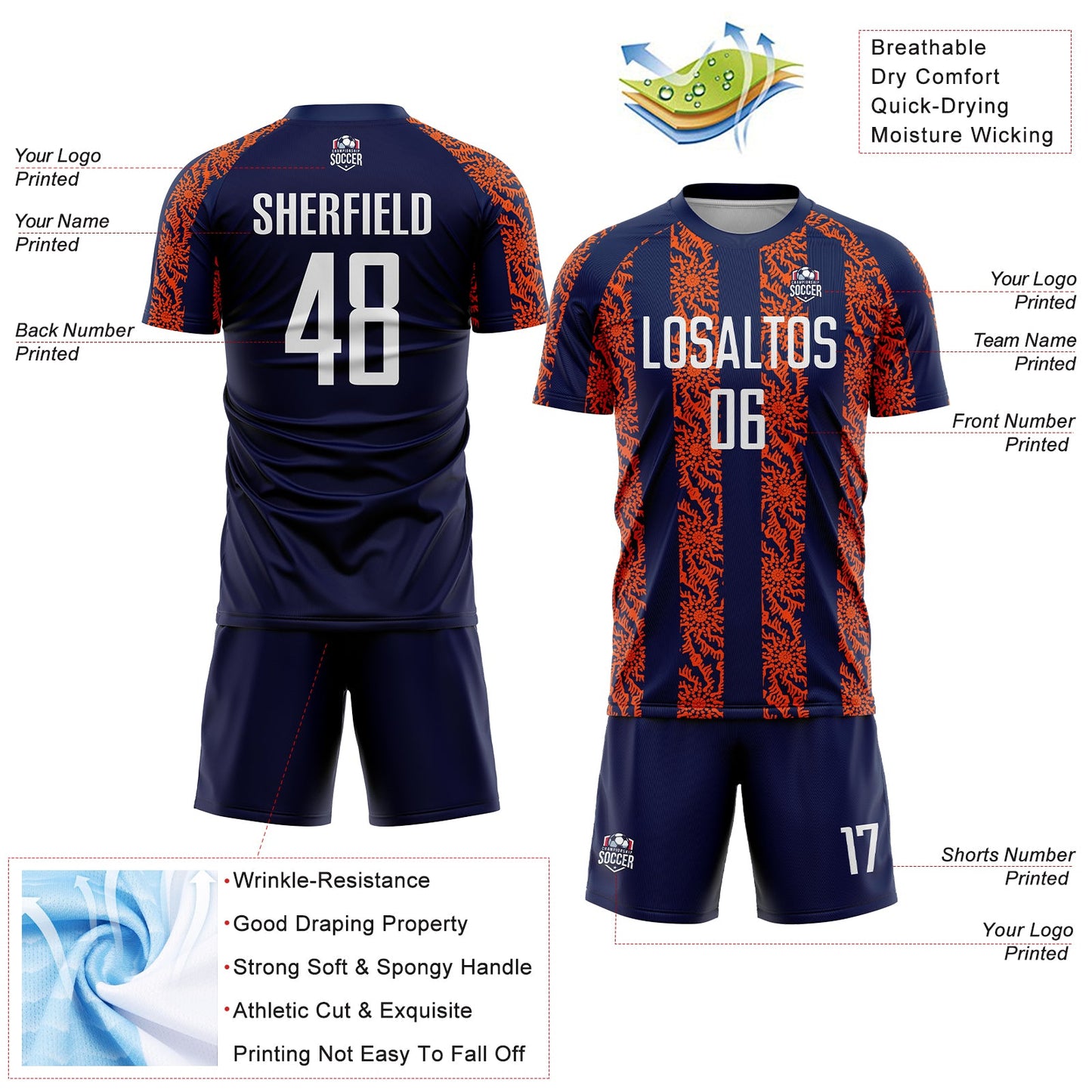 Custom Navy White-Orange Abstract Shape Sublimation Soccer Uniform Jersey - Sky-Custom