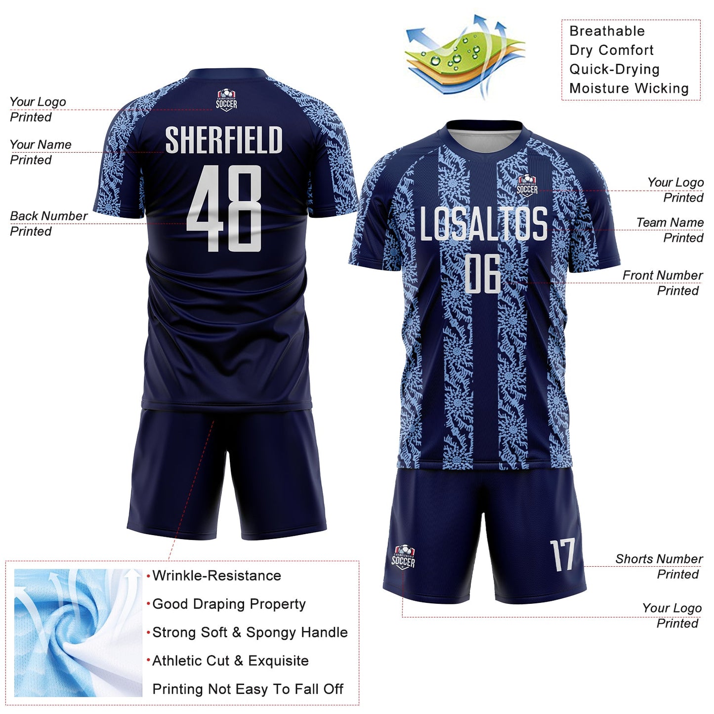 Custom Navy White-Light Blue Abstract Shape Sublimation Soccer Uniform Jersey - Sky-Custom