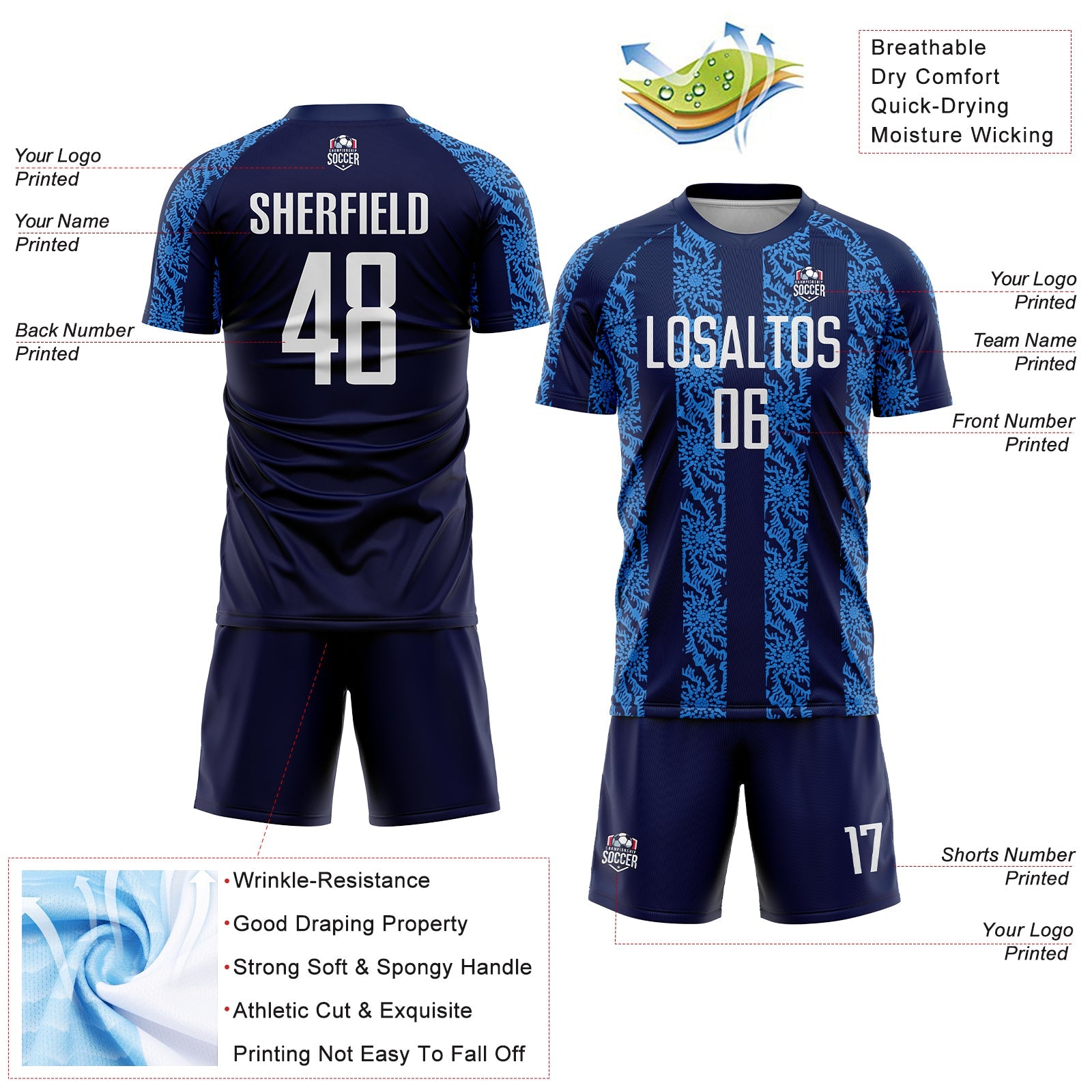 Custom Navy White-Powder Blue Abstract Shape Sublimation Soccer Uniform Jersey - Sky-Custom