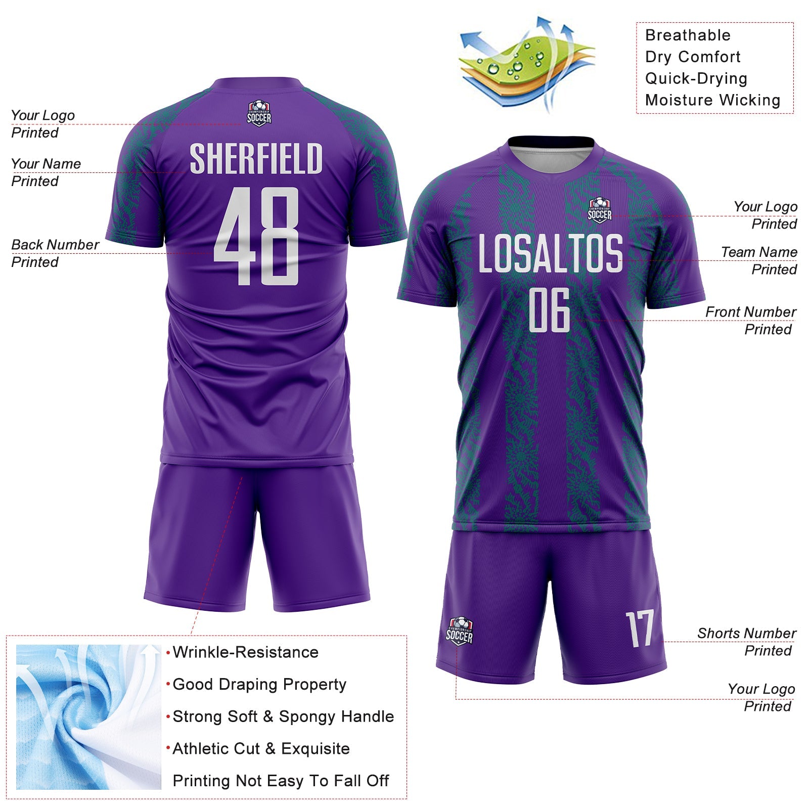 Custom Purple White-Teal Abstract Shape Sublimation Soccer Uniform Jersey - Sky-Custom