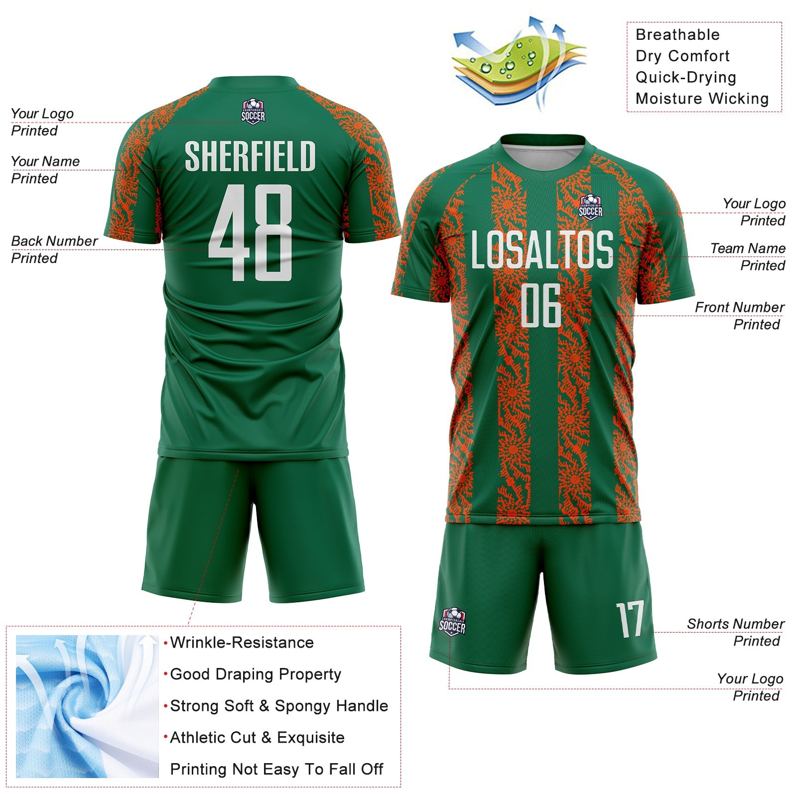 Custom Kelly Green White-Orange Abstract Shape Sublimation Soccer Uniform Jersey - Sky-Custom