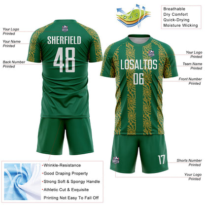 Custom Kelly Green White-Old Gold Abstract Shape Sublimation Soccer Uniform Jersey - Sky-Custom
