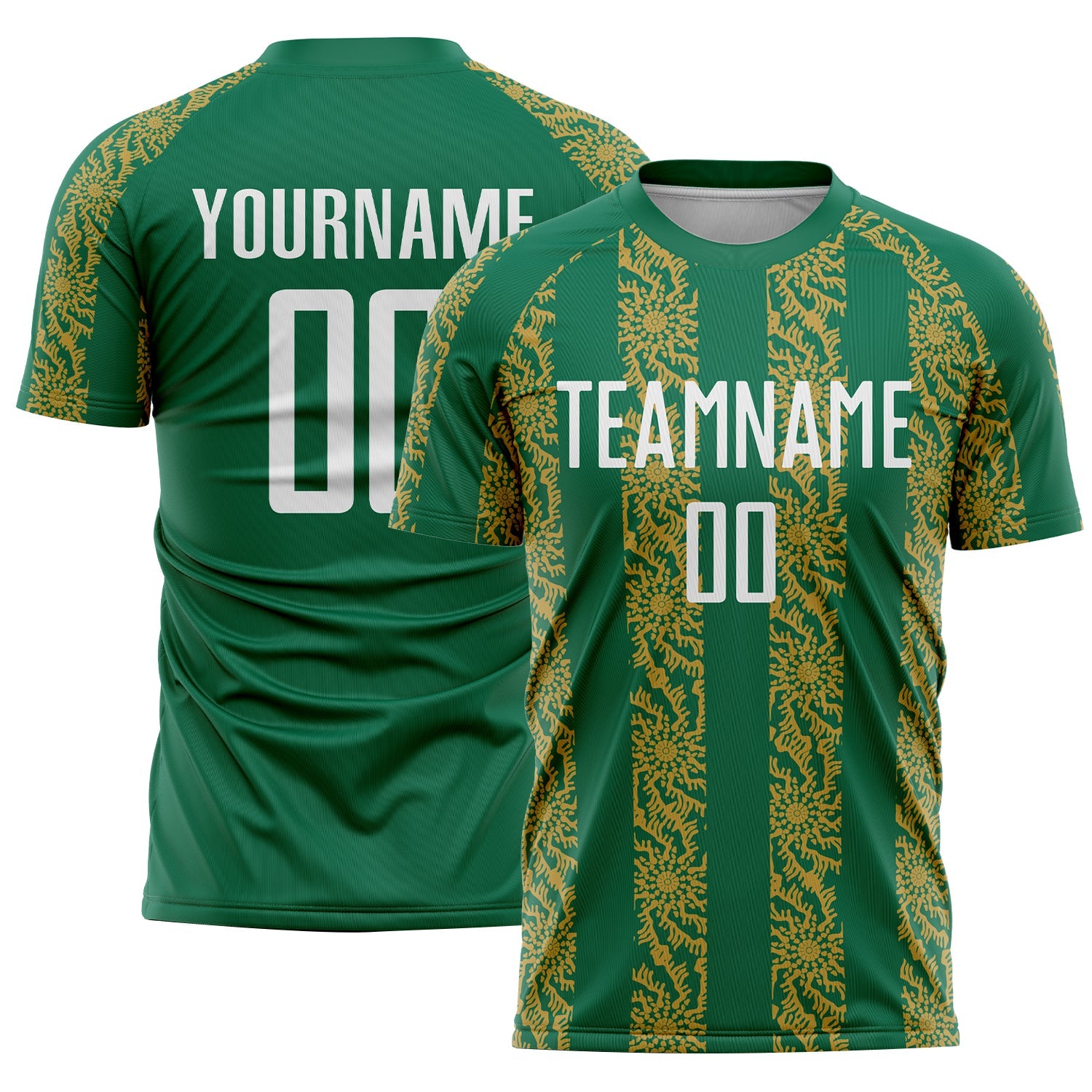 Custom Kelly Green White-Old Gold Abstract Shape Sublimation Soccer Uniform Jersey - Sky-Custom