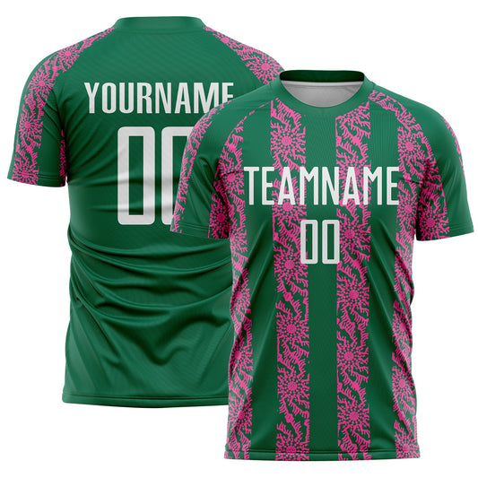 Custom Kelly Green White-Pink Abstract Shape Sublimation Soccer Uniform Jersey - Sky-Custom