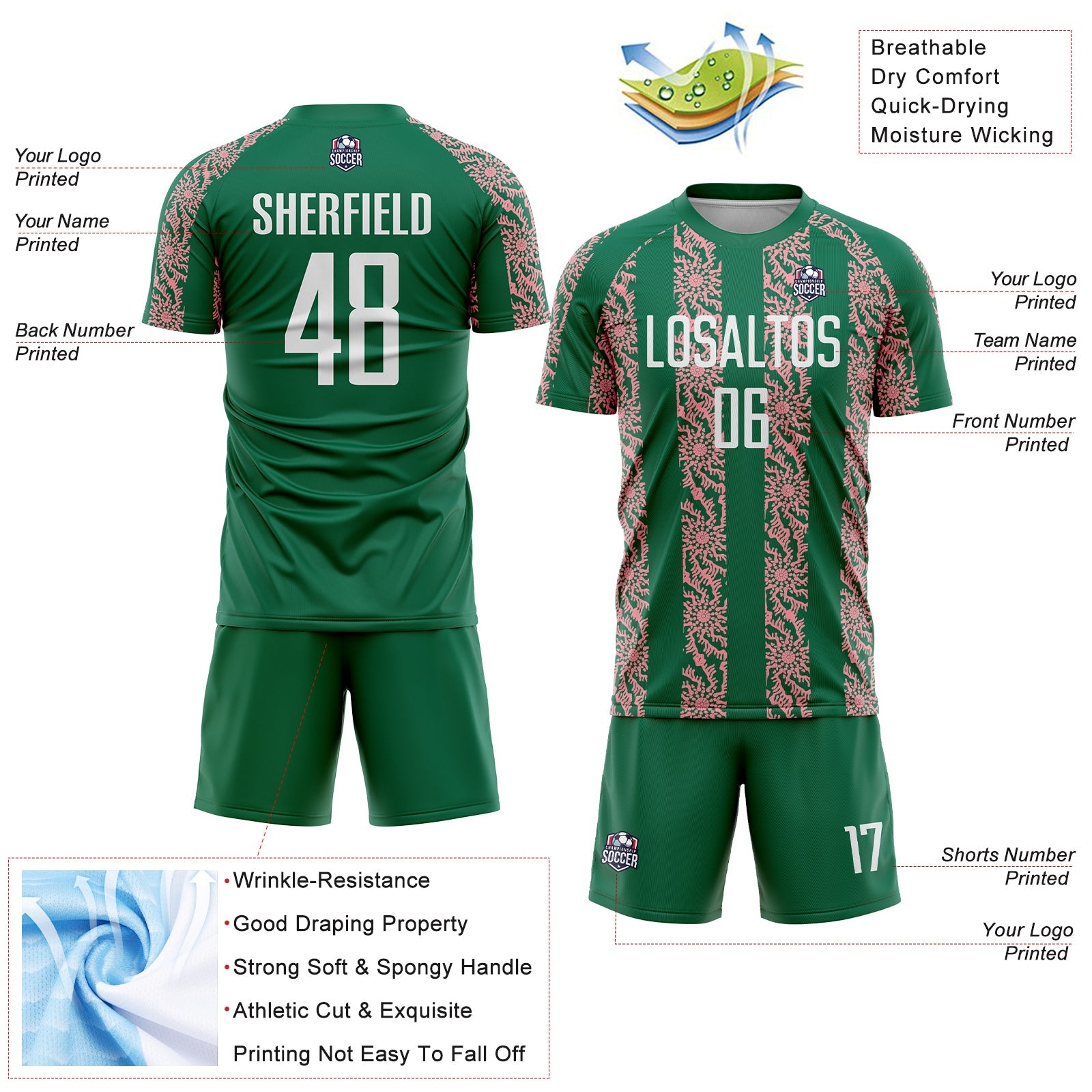 Custom Kelly Green White-Medium Pink Abstract Shape Sublimation Soccer Uniform Jersey - Sky-Custom