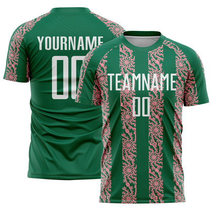 Custom Kelly Green White-Medium Pink Abstract Shape Sublimation Soccer Uniform Jersey - Sky-Custom