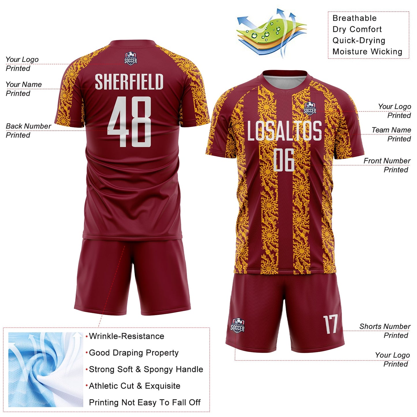 Custom Crimson White-Gold Abstract Shape Sublimation Soccer Uniform Jersey - Sky-Custom