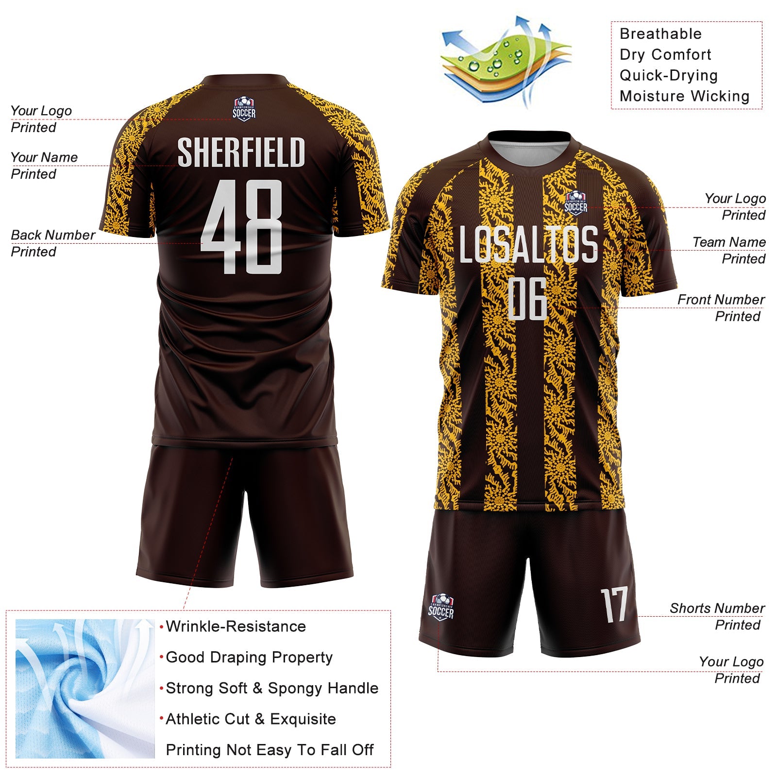 Custom Brown White-Gold Abstract Shape Sublimation Soccer Uniform Jersey - Sky-Custom
