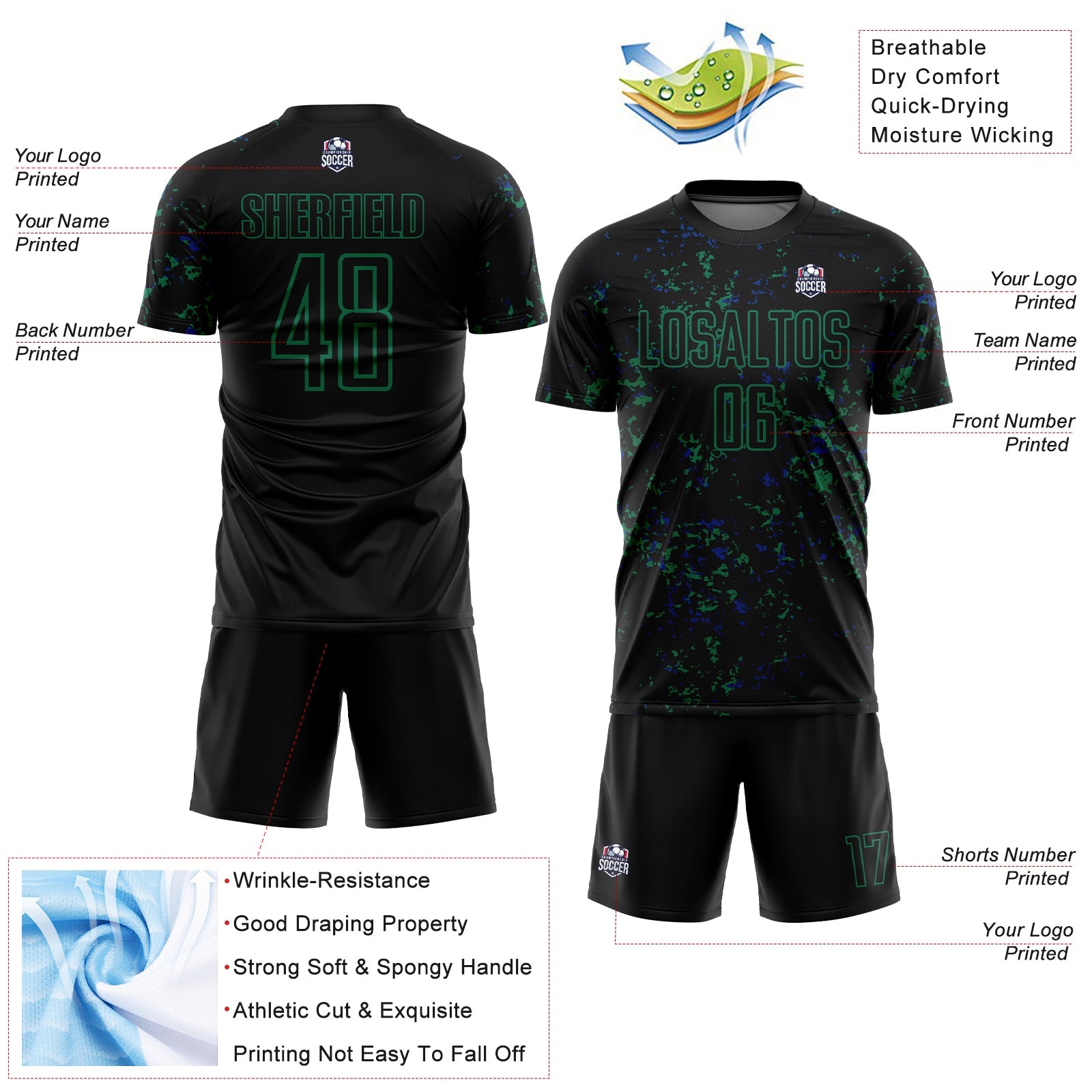 Custom Black Kelly Green-Royal Abstract Fragment Art Sublimation Soccer Uniform Jersey - Sky-Custom