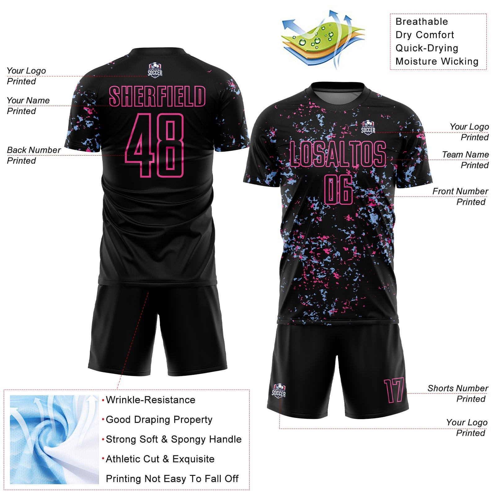 Custom Black Pink-Light Blue Abstract Fragment Art Sublimation Soccer Uniform Jersey - Sky-Custom