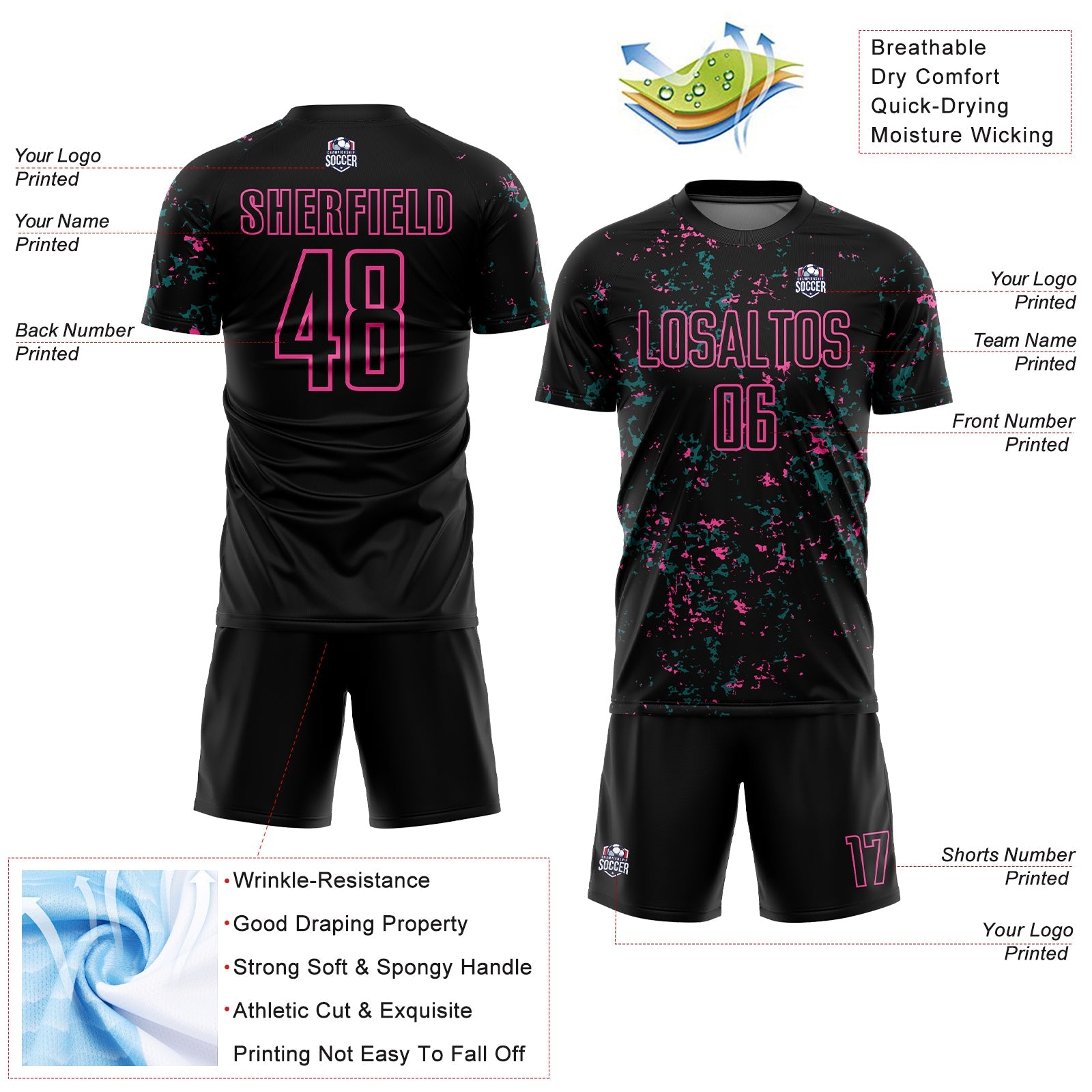 Custom Black Pink-Teal Abstract Fragment Art Sublimation Soccer Uniform Jersey - Sky-Custom