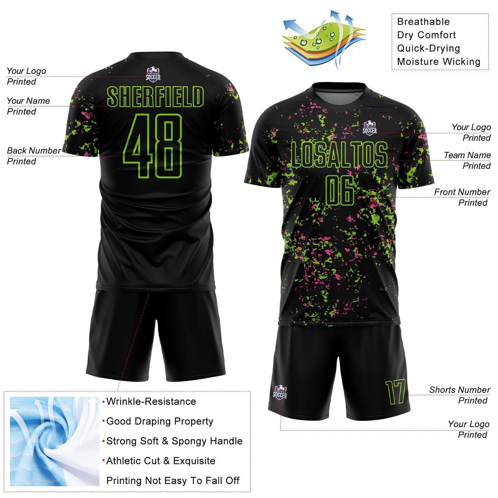 Custom Black Neon Green-Pink Abstract Fragment Art Sublimation Soccer Uniform Jersey - Sky-Custom