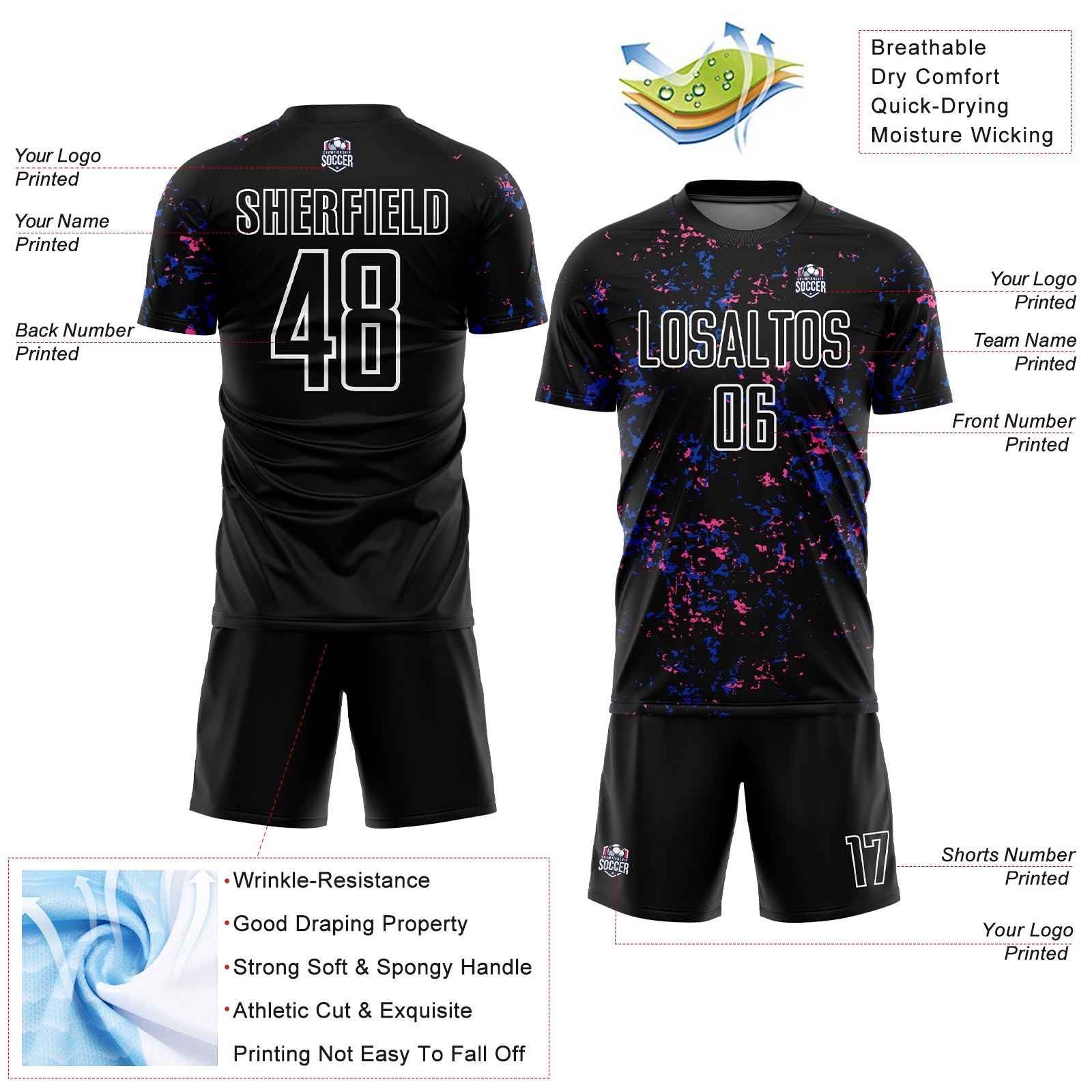 Custom Black Thunder Blue-Pink Abstract Fragment Art Sublimation Soccer Uniform Jersey - Sky-Custom