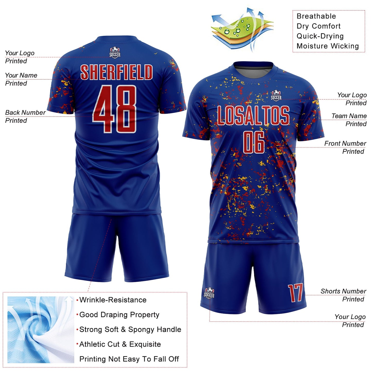 Custom Royal Red-Gold Abstract Fragment Art Sublimation Soccer Uniform Jersey - Sky-Custom