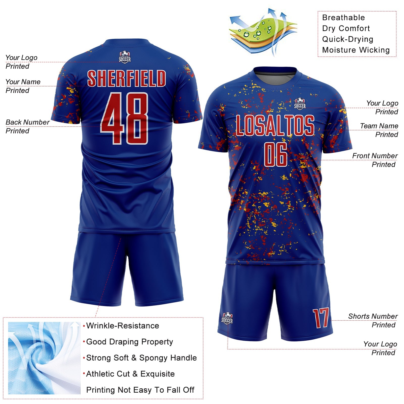 Custom Royal Red-Gold Abstract Fragment Art Sublimation Soccer Uniform Jersey - Sky-Custom